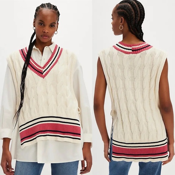 Free People Coastal Prep Poncho Vest - Red/Ivory OS NWOT - Picture 1 of 7